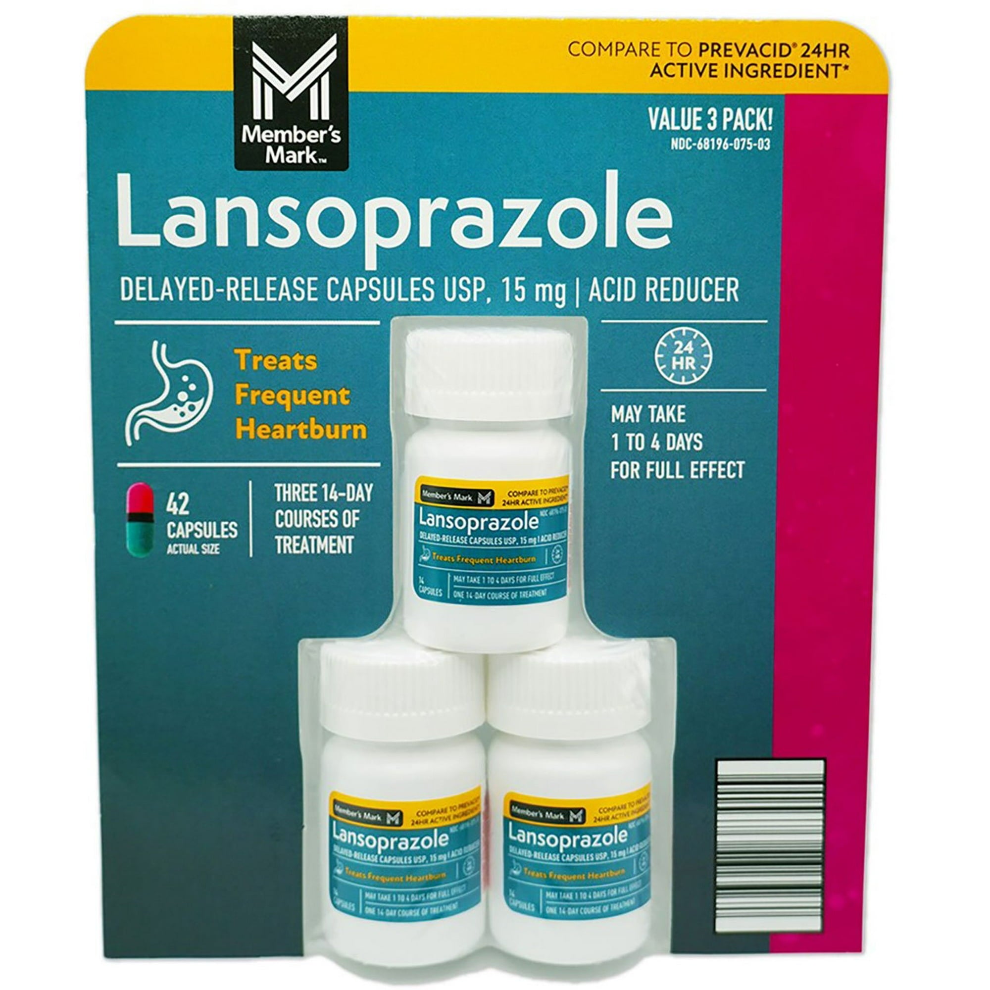 メンバーズマーク遅延放出制酸カプセル、ランソプラゾール 15 mg、42 個入り。