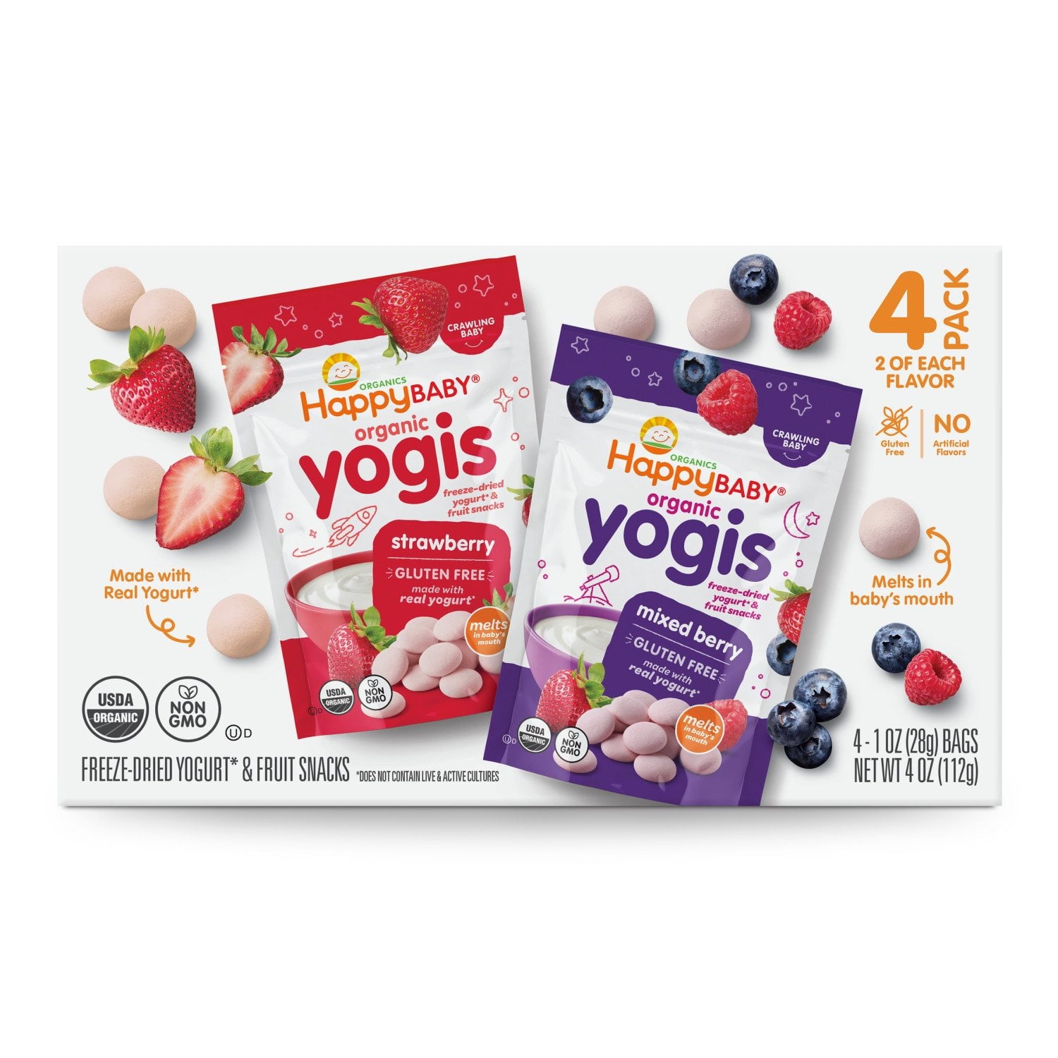HappyBABY Organics ヨギスメルト バラエティパック、1オンス、4個入り。