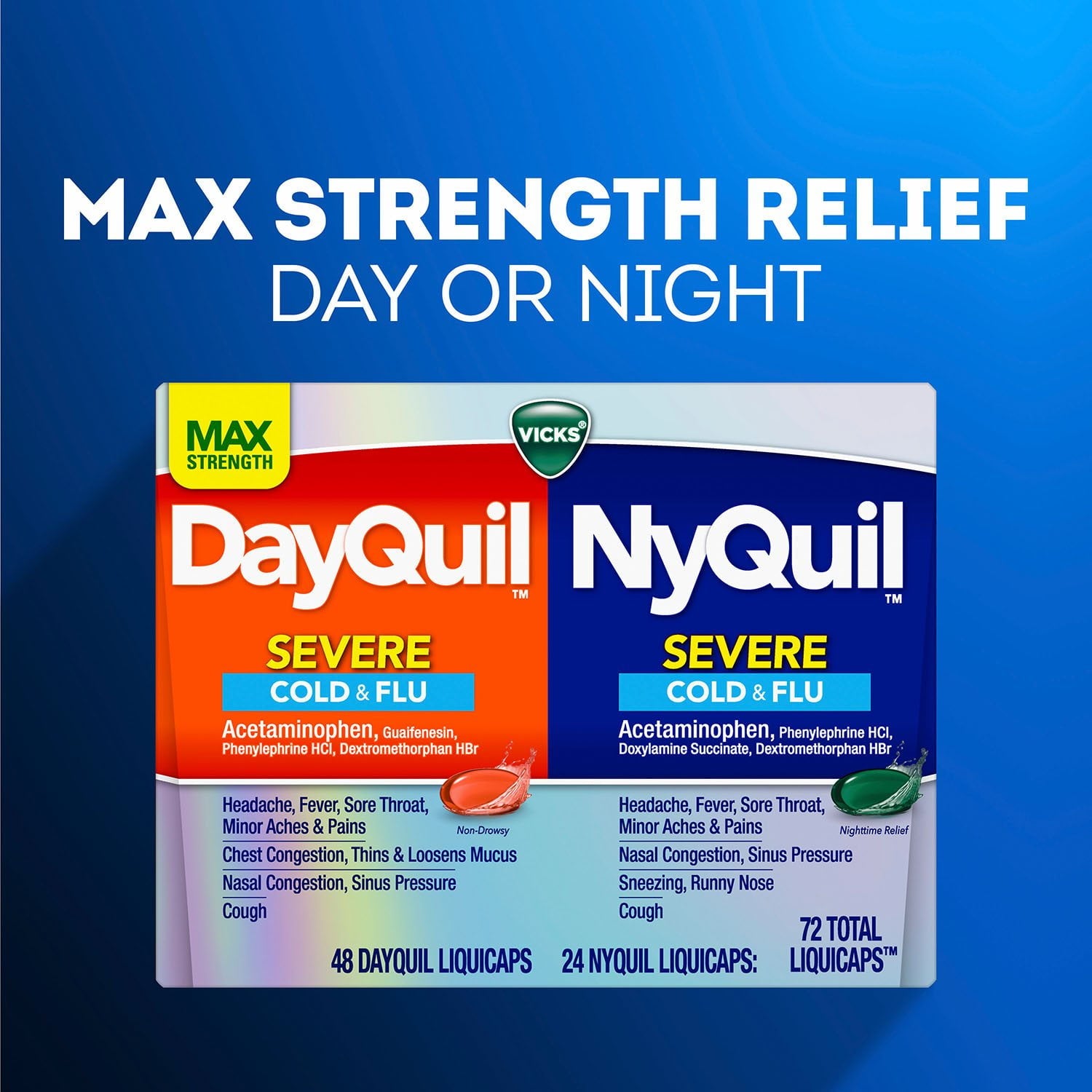 Vicks DayQuil &amp; NyQuil 重度の咳、風邪、インフルエンザの緩和 LiquiCaps、72 個入り。