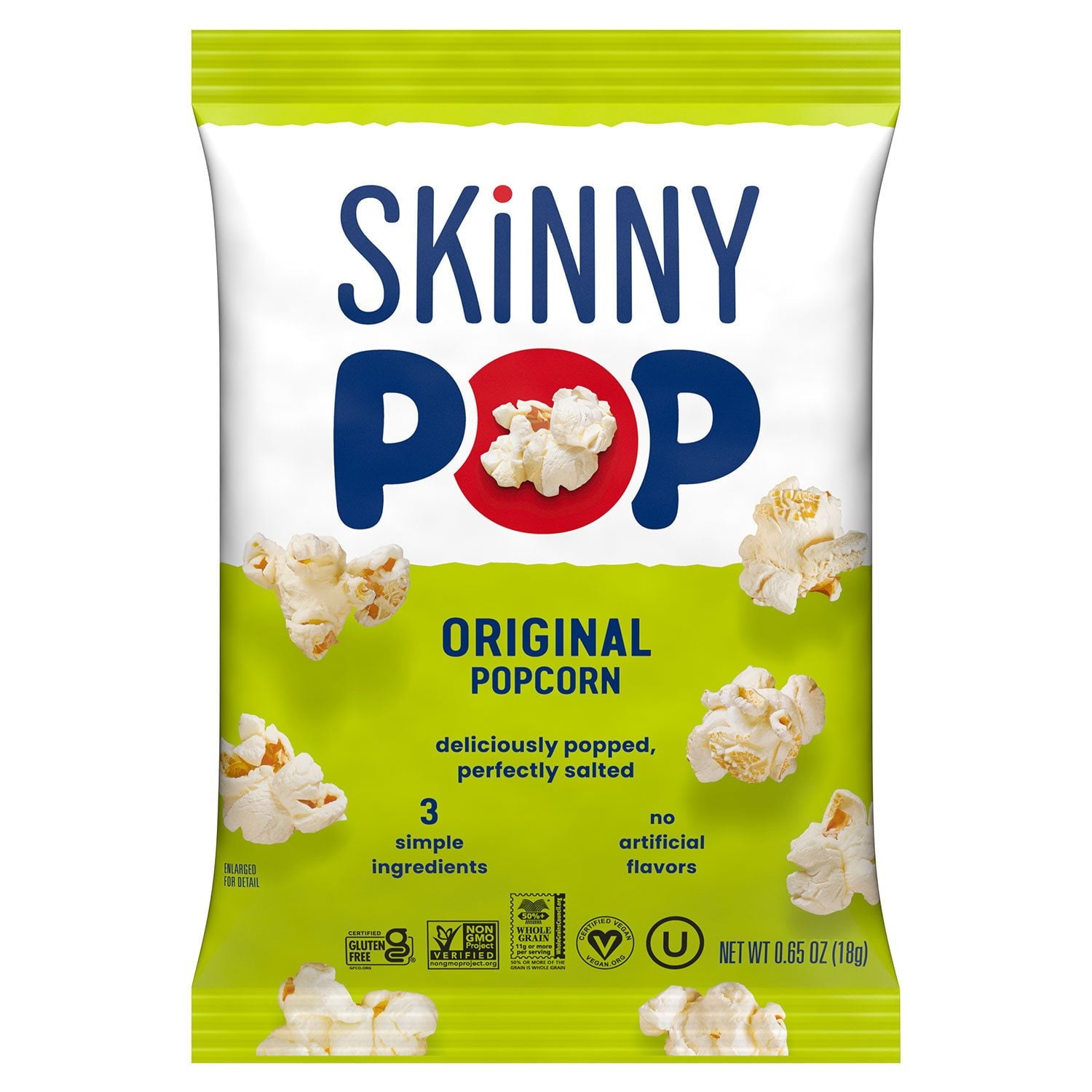SkinnyPop オリジナル ポップコーン スナック バッグ、0.65 オンス、28 個入り。