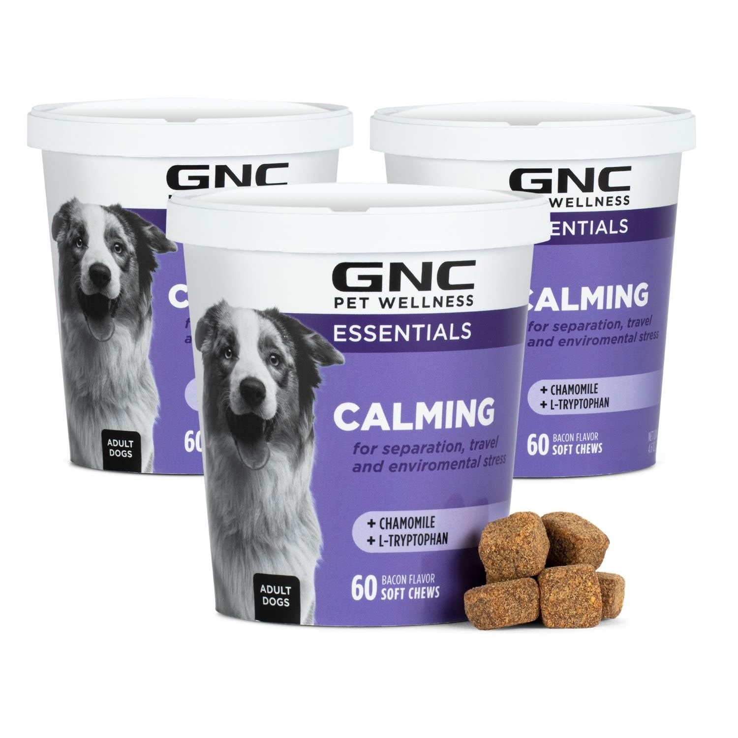 GNC ペット、ベーコン風味、落ち着くソフトチュー犬用サプリメント、180 個。