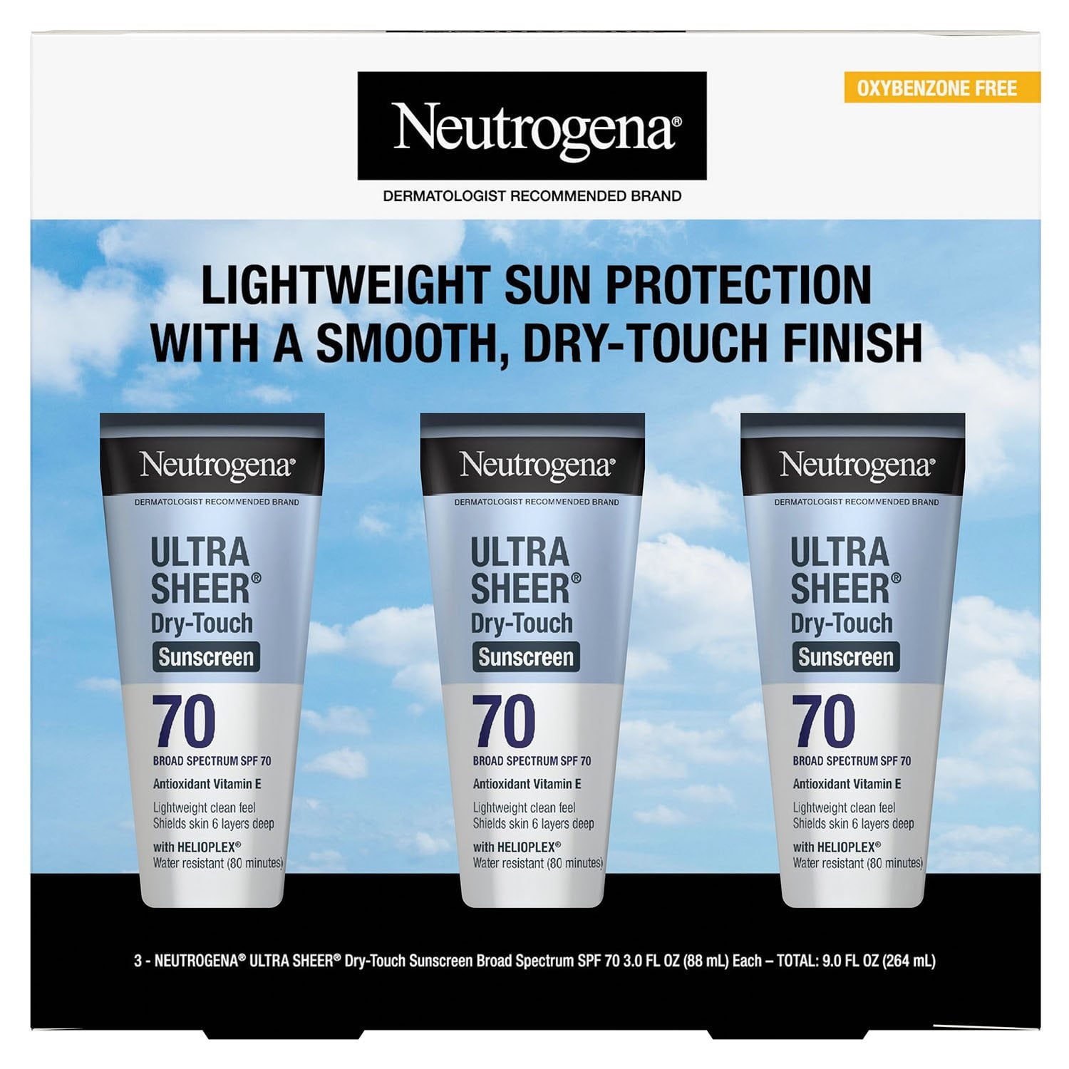 뉴트로지나 울트라 쉬어 드라이터치 선로션 SPF 70 3 oz × 3 – 산뜻한 사용감