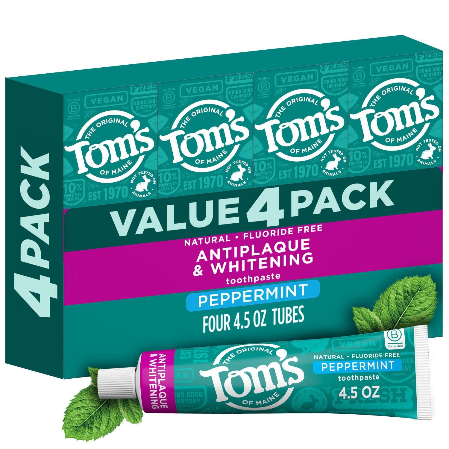 Tom's of Maine フッ素フリー 歯垢防止 &amp; ホワイトニング 歯磨き粉、4.5 オンス、4 個パック。