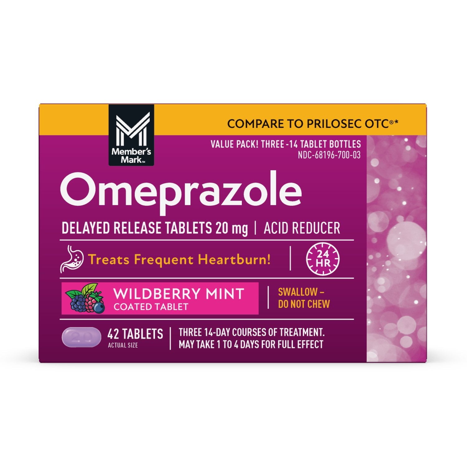 メンバーズマーク ワイルドベリーミント オメプラゾール錠、20 mg、42 錠。