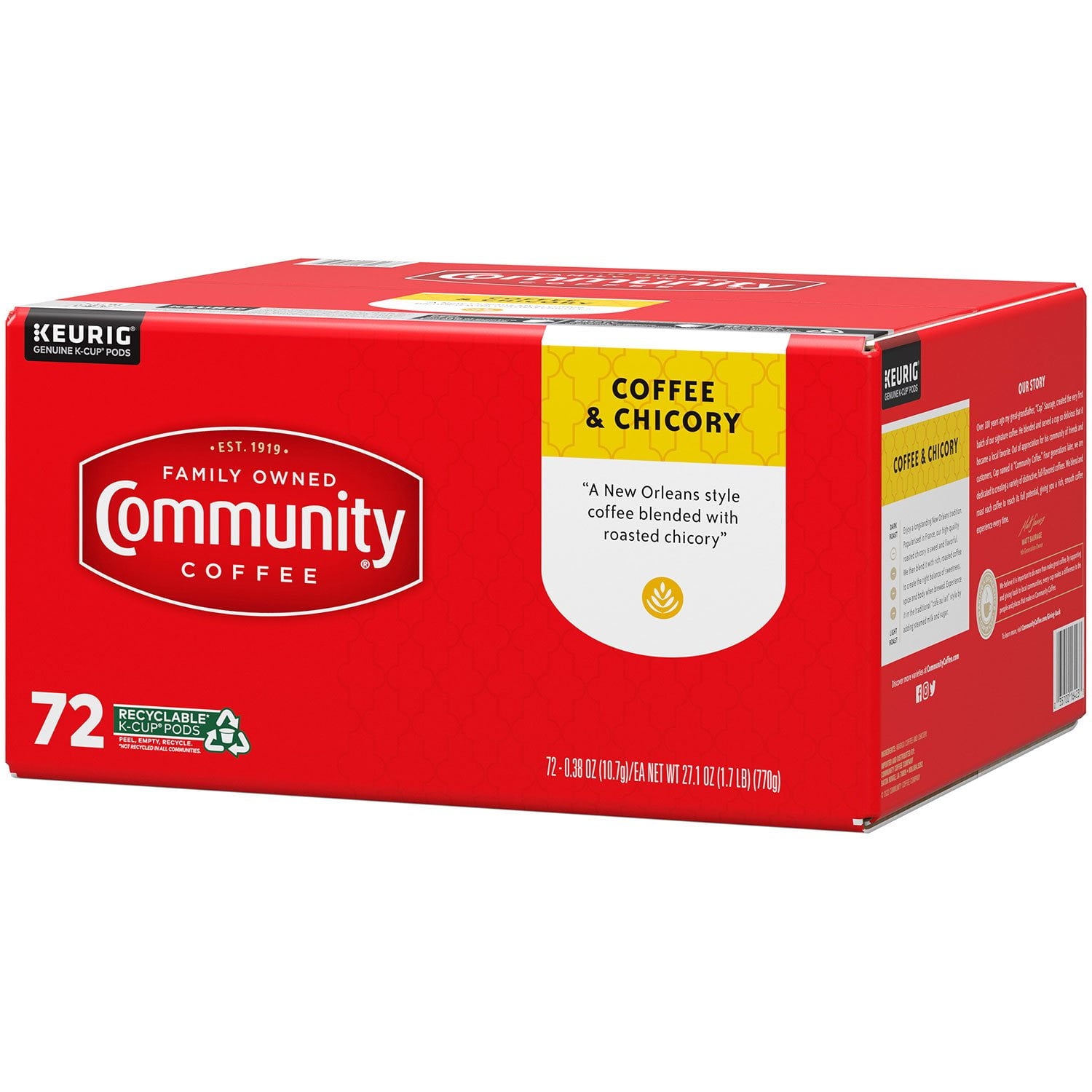 コミュニティコーヒー コーヒー＆チコリ ミディアムダークロースト シングルサーブ 72 個入り。