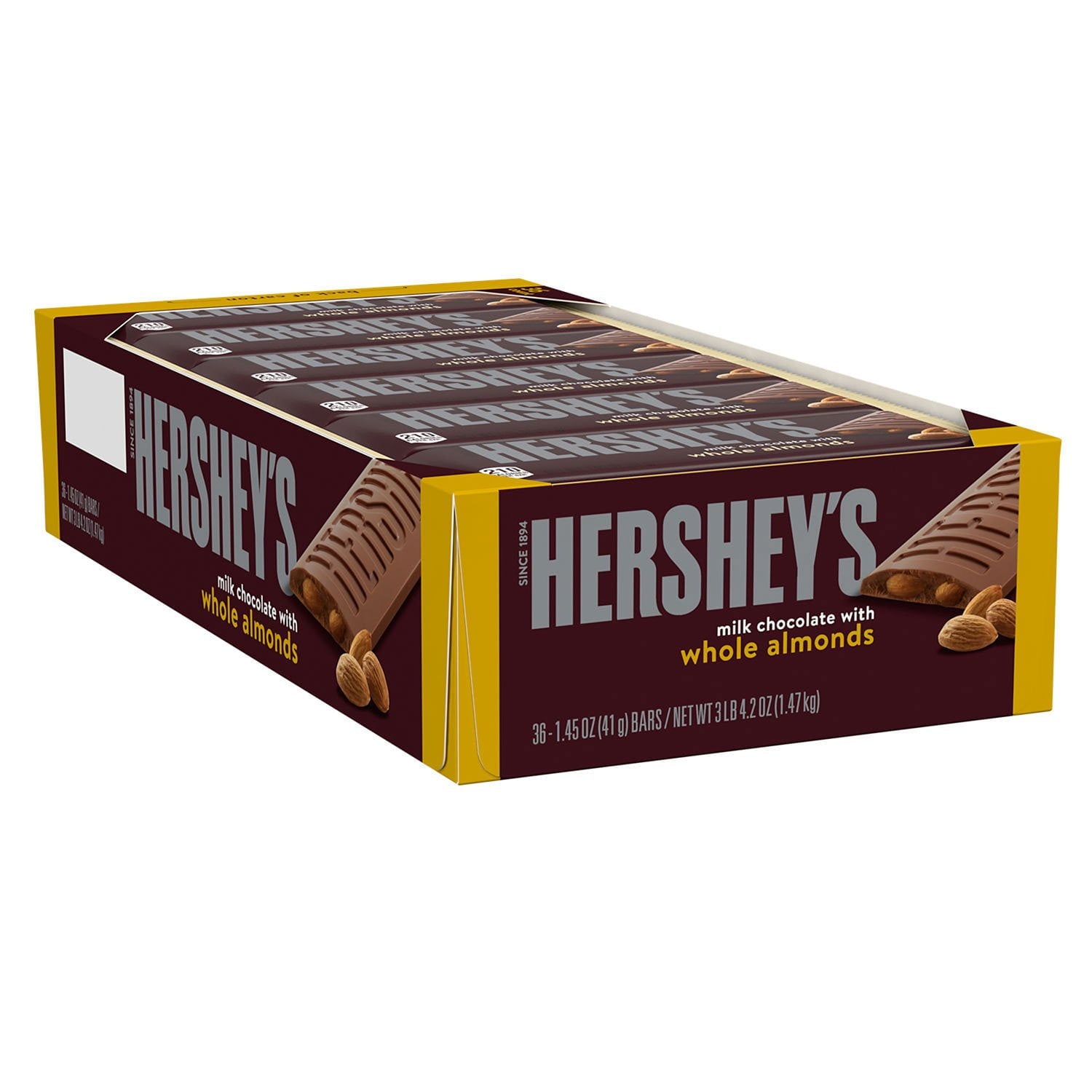 HERSHEY'S ミルクチョコレート アーモンド入りキャンディーバー、フルサイズ、1.45 オンス、36 個入り。