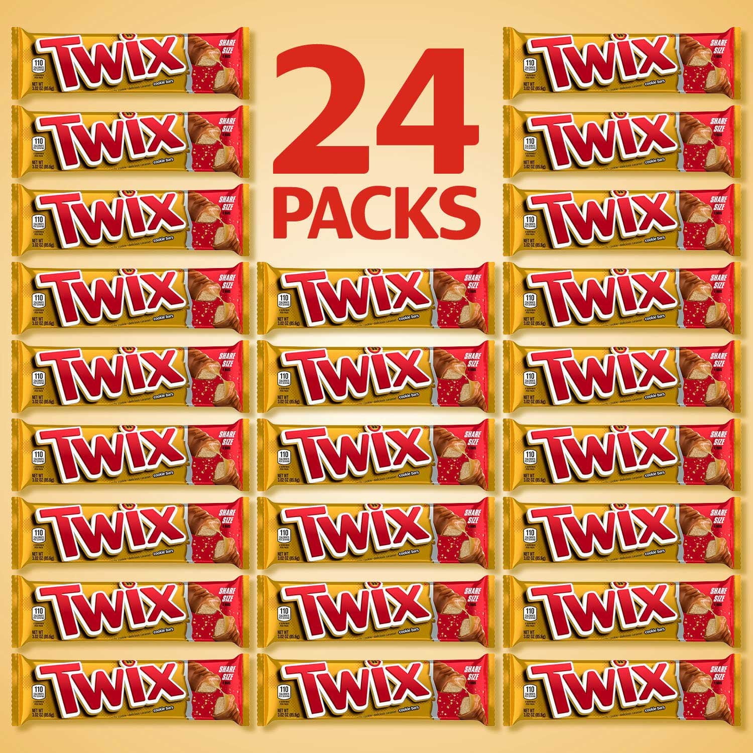 Twix キャラメル クッキー チョコレート キャンディー バー、シェア サイズ、3.02 オンス、24 個入り。