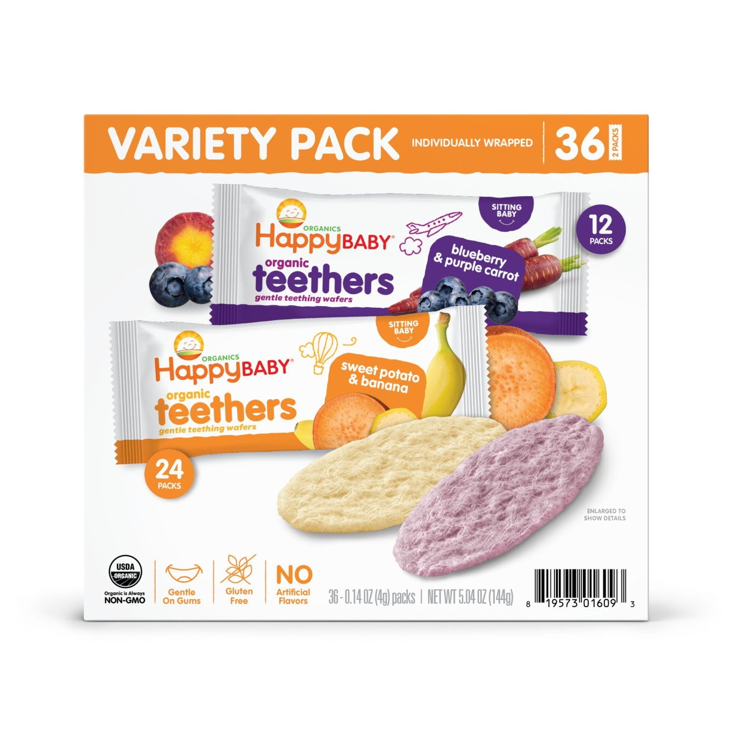 HappyBABY Organics 歯が生える時期用ウエハース、バラエティパック、36 枚入り。