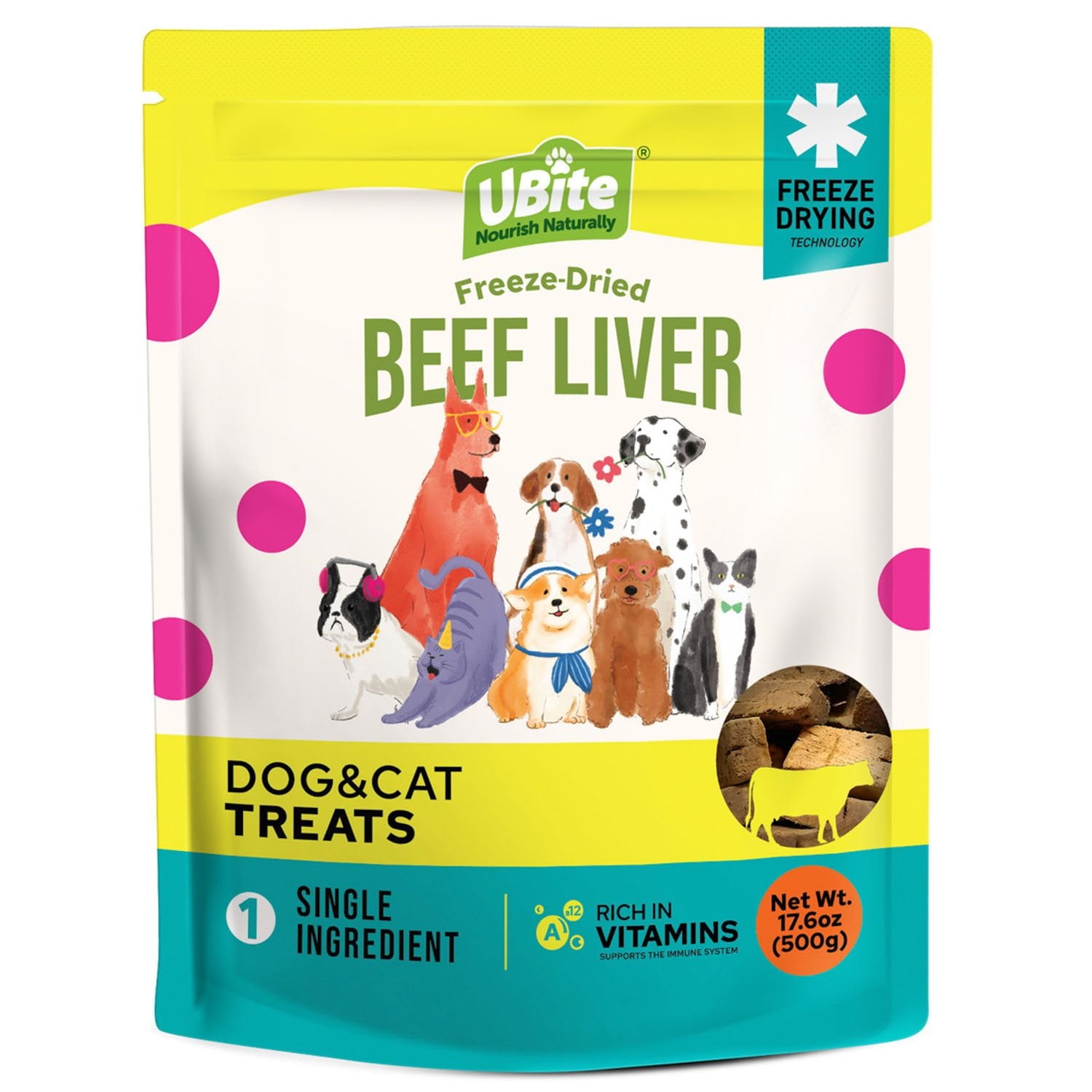 UBite Raw Bits フリーズドライ ビーフレバー 犬 + 猫用おやつ、17 オンス。