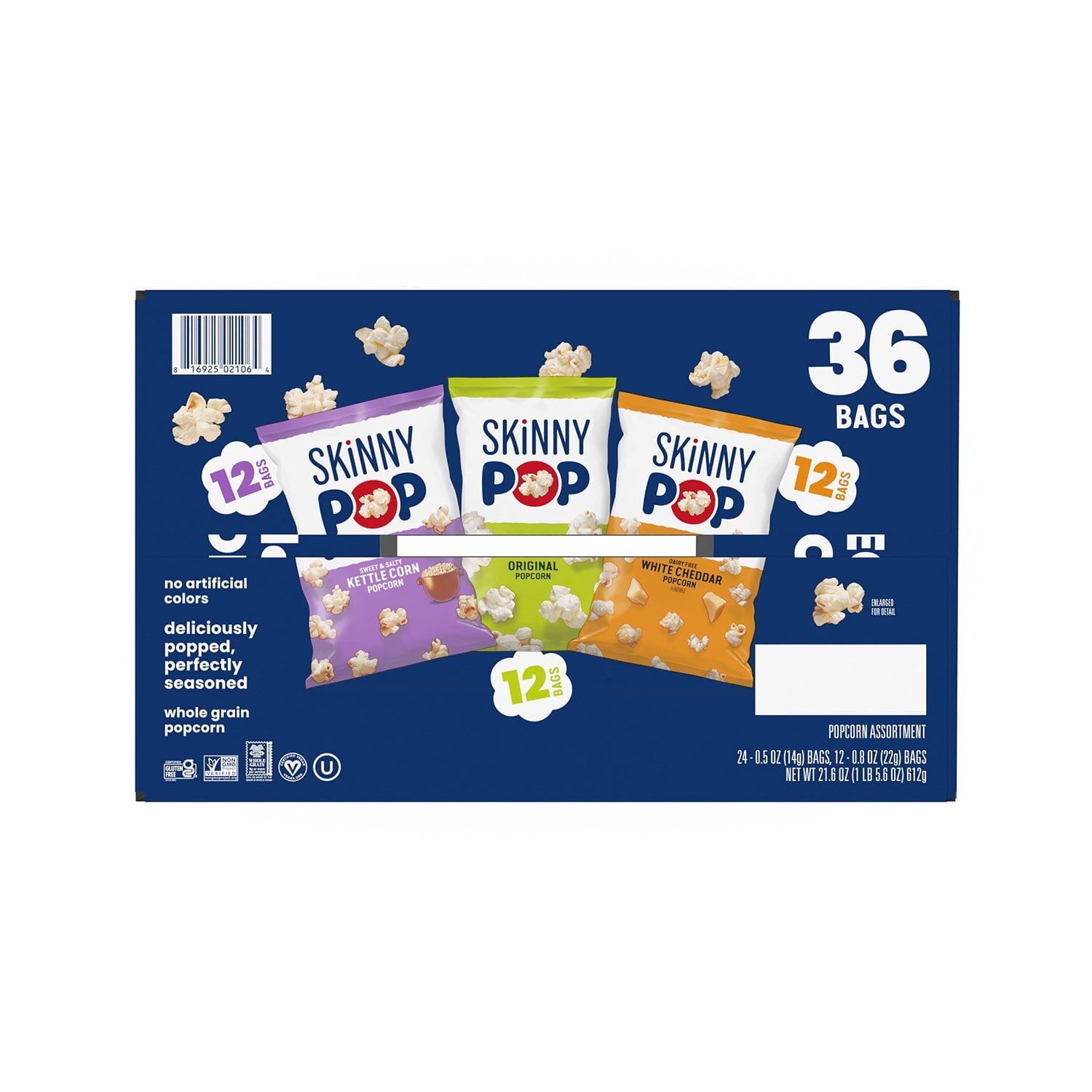 SkinnyPop バラエティ スナック パック ポップコーン、0.5 オンス、36 個入り。