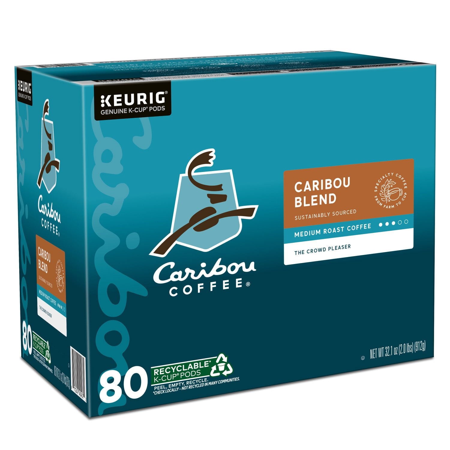 カリブーコーヒー ミディアムロースト K-カップ ポッド、カリブーブレンド、80 個入り。
