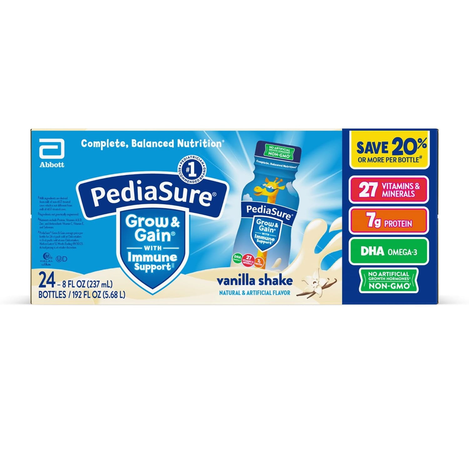 PediaSure 子供用 成長と成長を促す栄養シェイク、バニラ 8 液量オンス、24 個入り。