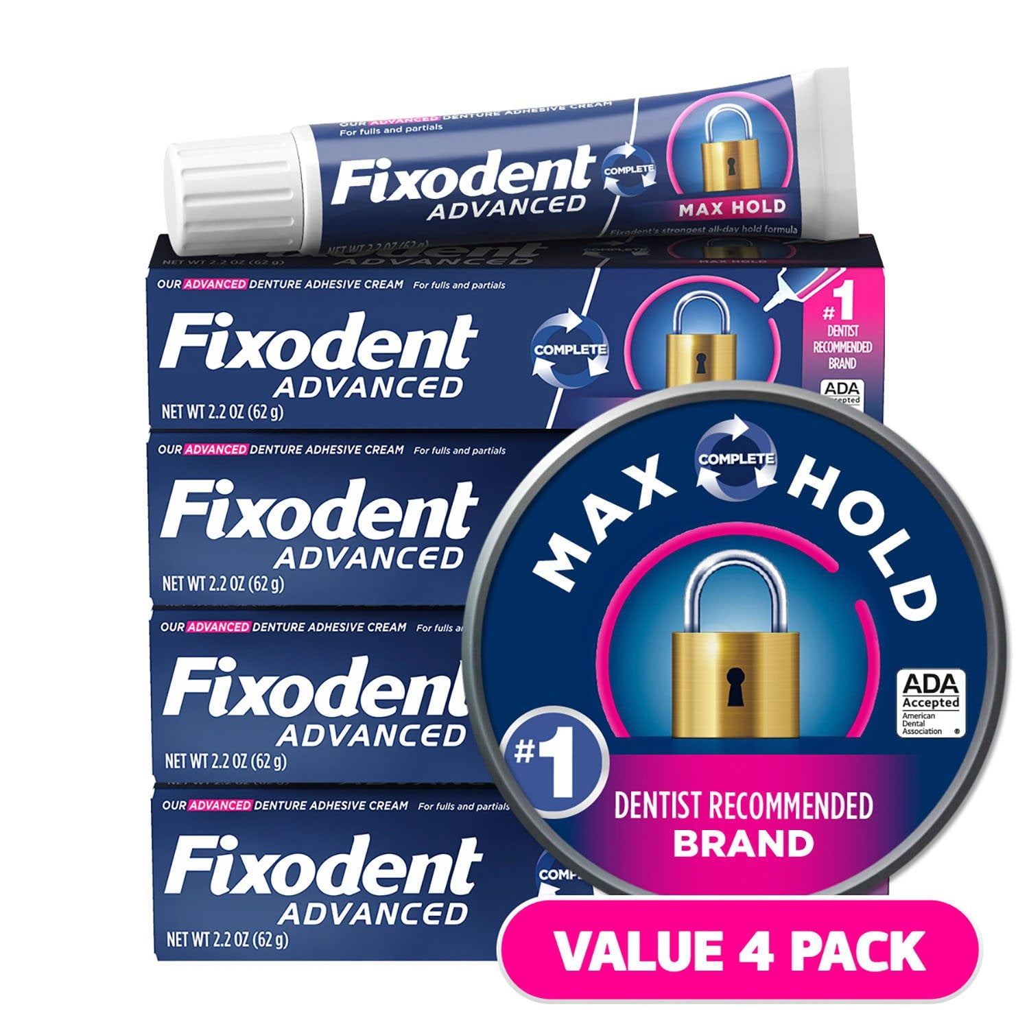Fixodent アドバンス義歯接着剤、マックスホールド、2.2 オンス、4 個パック。