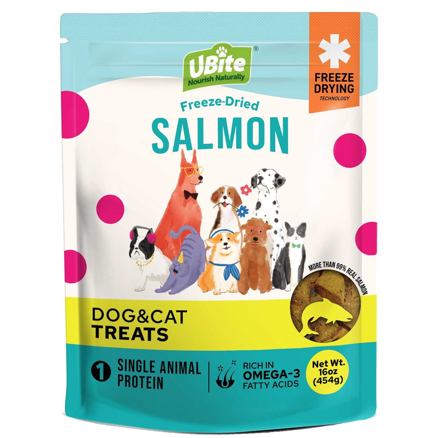 UBite 成犬・成猫用サーモンフリーズドライおやつ、16オンス。