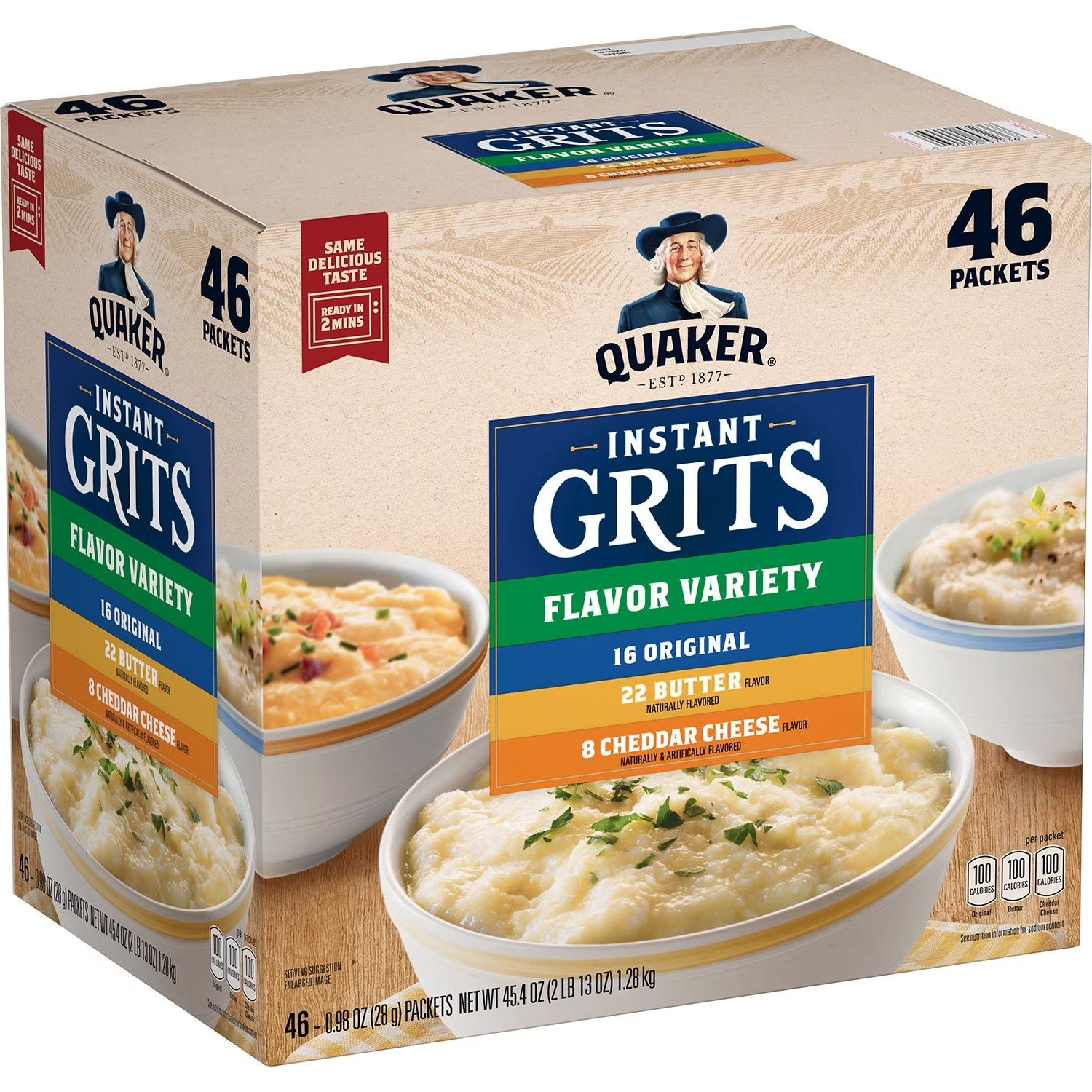 퀘이커 인스턴트 그리츠 버라이어티 팩 45.4oz × 46팩 – 부드러운 옥수수 그리츠를 다양한 맛으로 간편하게 즐길 수 있는 즉석 구성