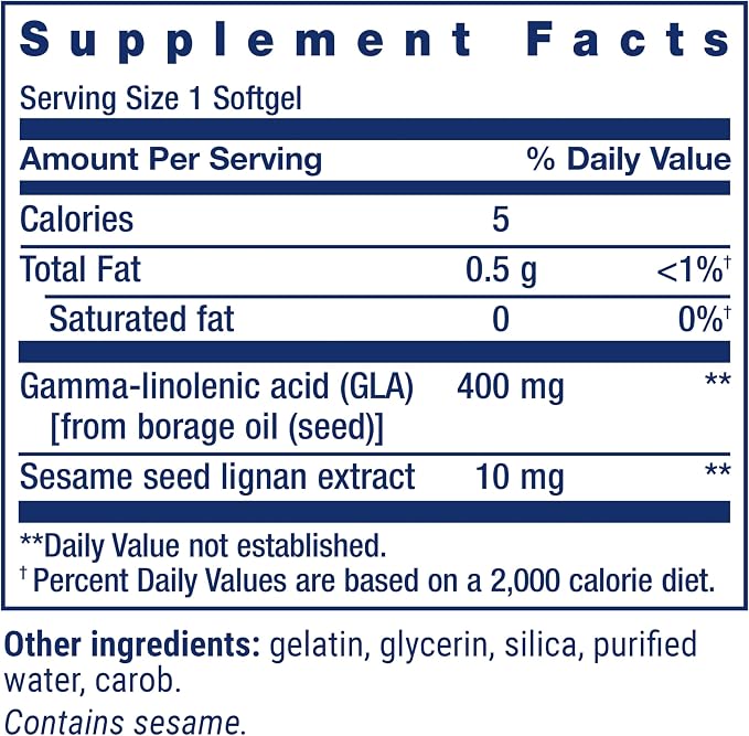 라이프익스텐션 메가 GLA 세서미 리그난 30소프트젤 성분표 - GLA 400mg 및 참깨 리그난 10mg