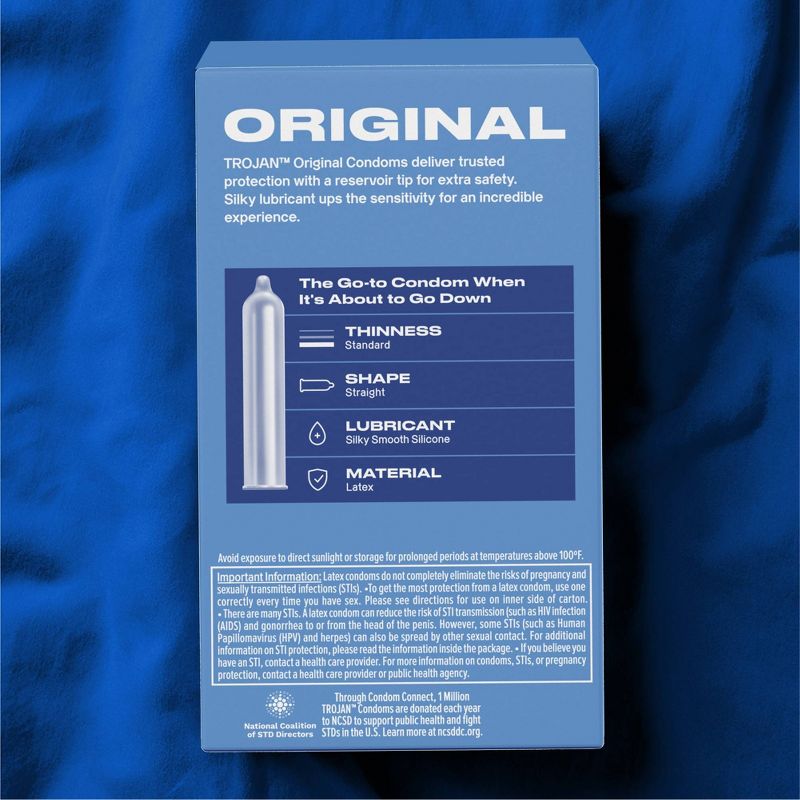 트로잔 오리지널 윤활 라텍스 콘돔 53mm 36개입 뒷면 소재와 사용·보관 주의 라벨
