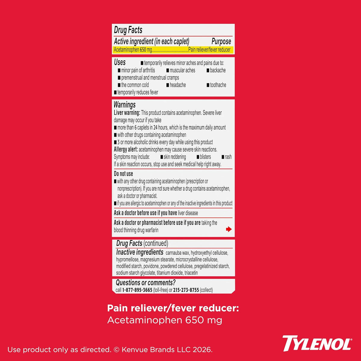 타이레놀 8HR 650mg 24정 Drug Facts 성분 및 간 손상 주의 라벨