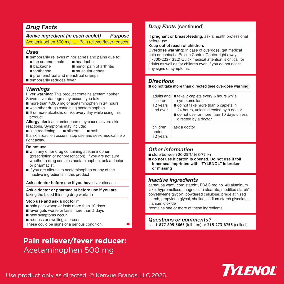 타이레놀 엑스트라 스트렝스 500mg 캐플릿 24정 Drug Facts 성분 경고 복용법