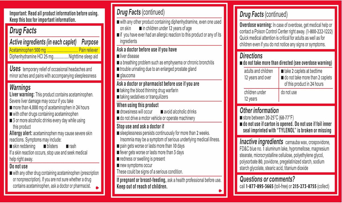 타이레놀 PM 500mg 및 디펜히드라민 25mg Drug Facts 졸음 및 중복 복용 주의