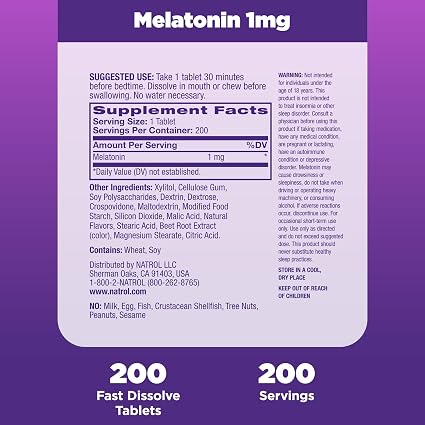 나트롤 멜라토닌 1mg 200정 성분표 및 섭취 안내