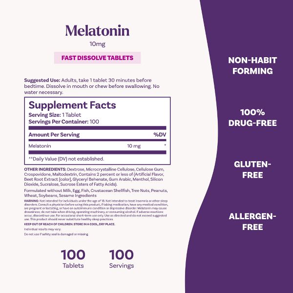 나트롤 멜라토닌 10mg 패스트 디졸브 딸기맛 100정 성분표 및 섭취 방법