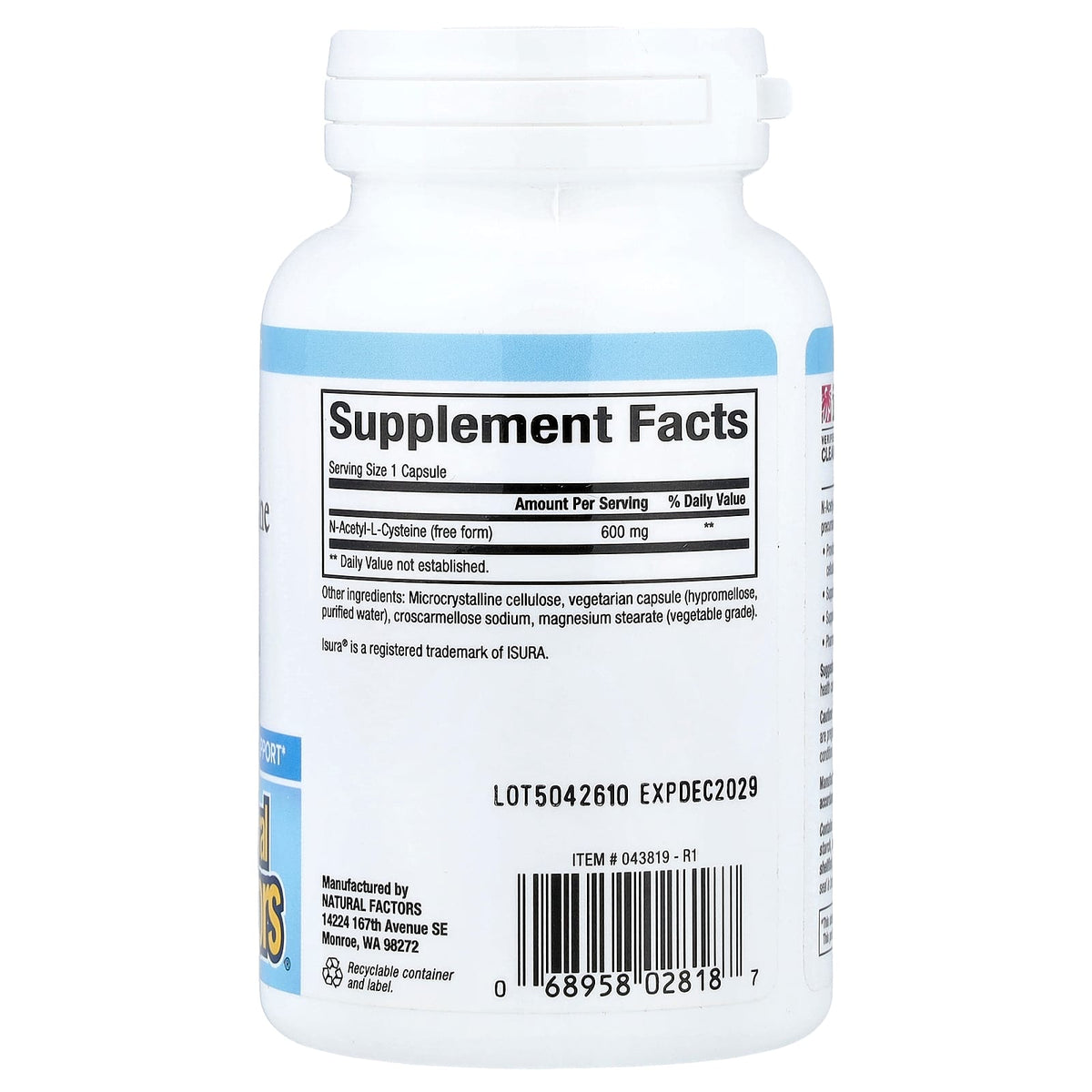 내추럴팩터스 NAC 600mg 베지 캡슐 60정 제품 뒷면 성분 및 라벨 안내
