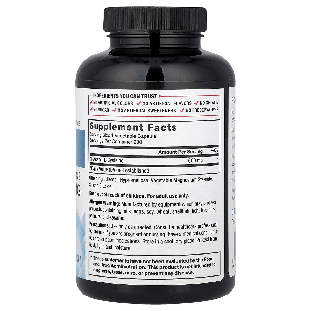포스팩터 펀더멘탈 NAC 600mg 베지 캡슐 200정 제품 뒷면 성분 및 라벨 안내