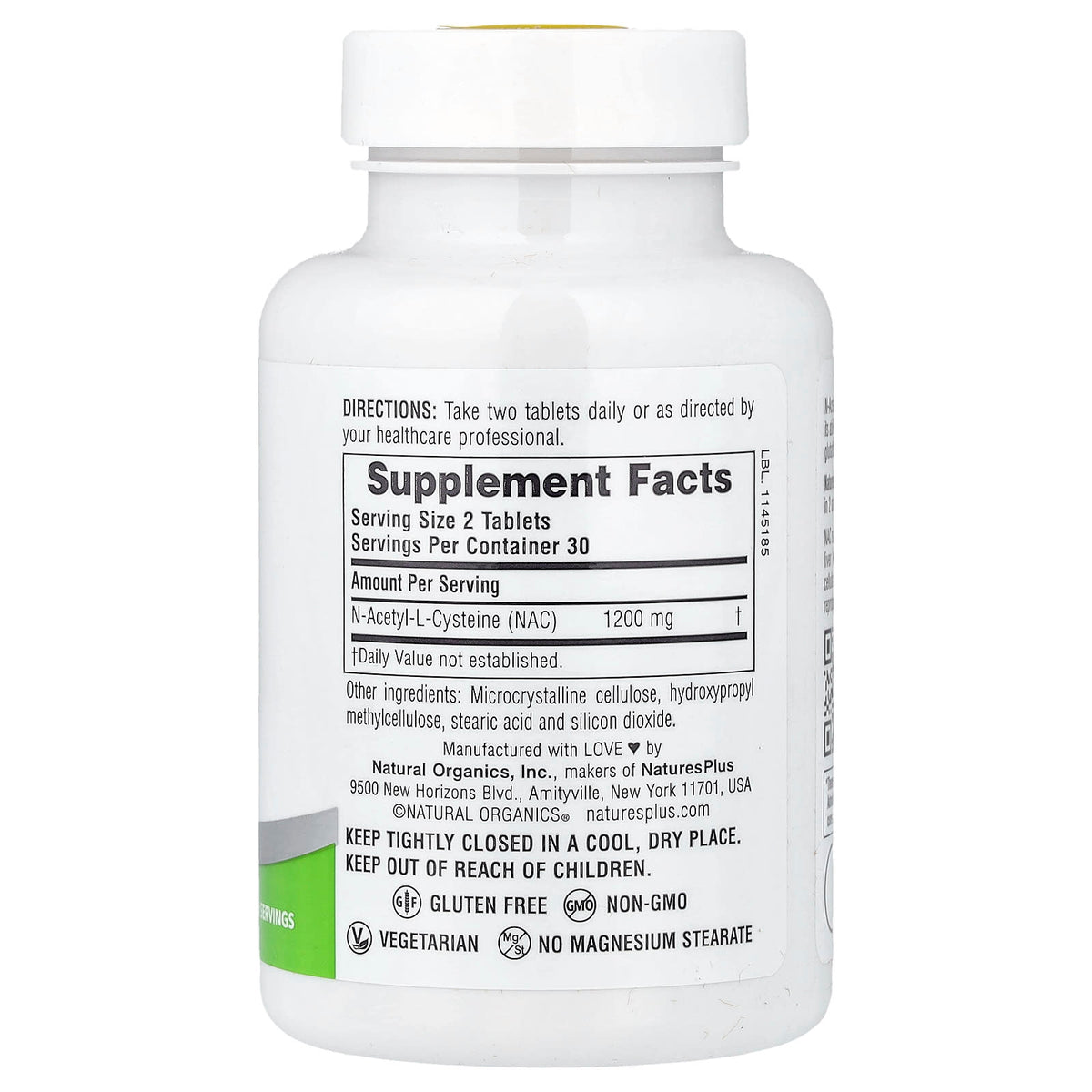 네이처스플러스 프로 NAC 1200 서방형 정제 60정 – 1정 600mg 제품 뒷면 성분 및 라벨 안내