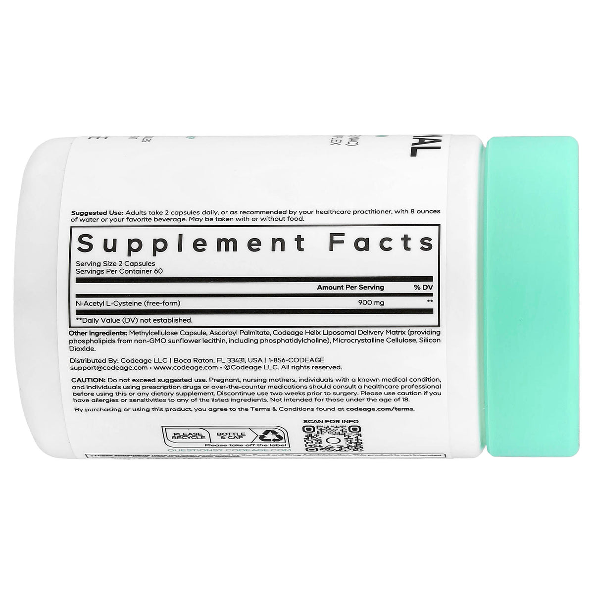 코드에이지 리포소말 NAC 450mg 베지 캡슐 120정 제품 뒷면 성분 및 라벨 안내